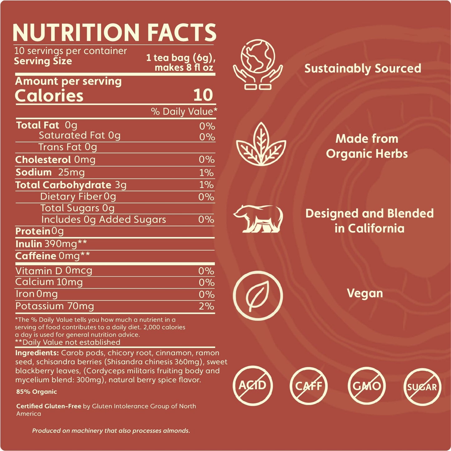 Teeccino Cordyceps Schisandra Cinnamon Berry Mushroom Herbal Tea Teeccino