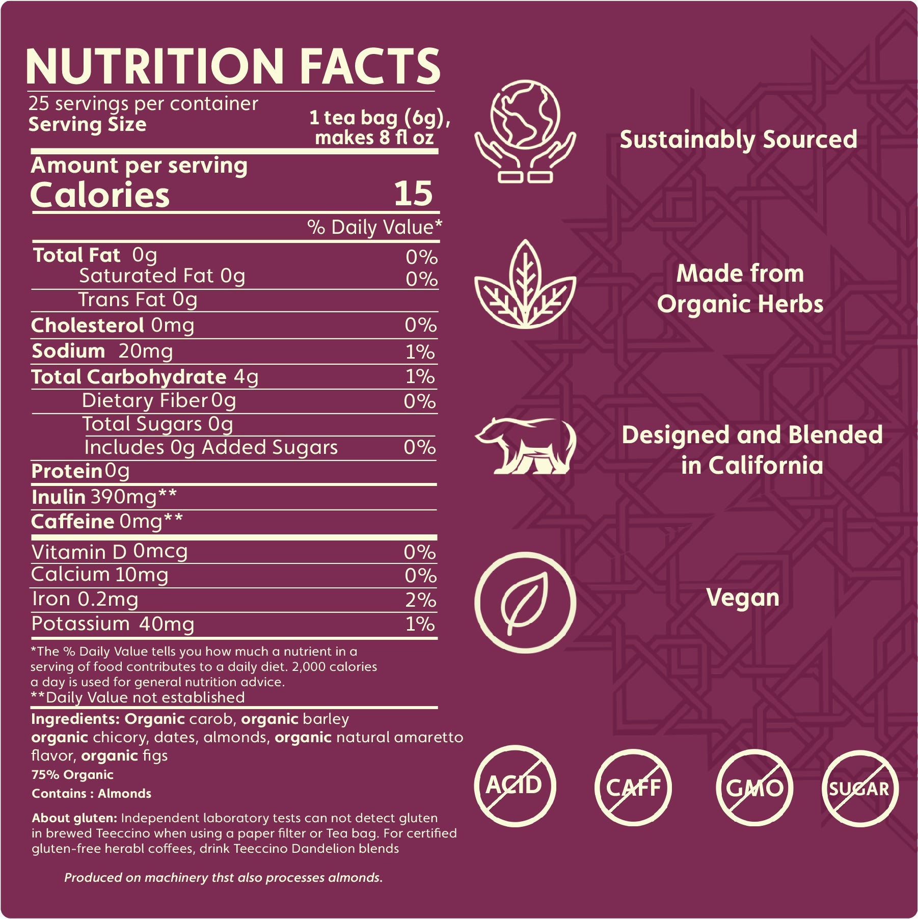 Teeccino Almond Amaretto Roasted Herbal Tea