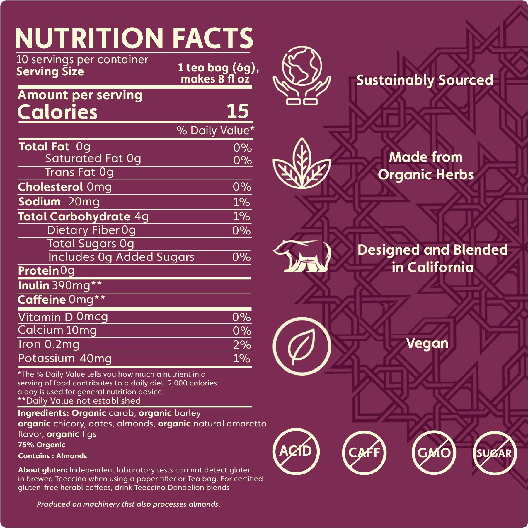 Teeccino Almond Amaretto Roasted Herbal Tea