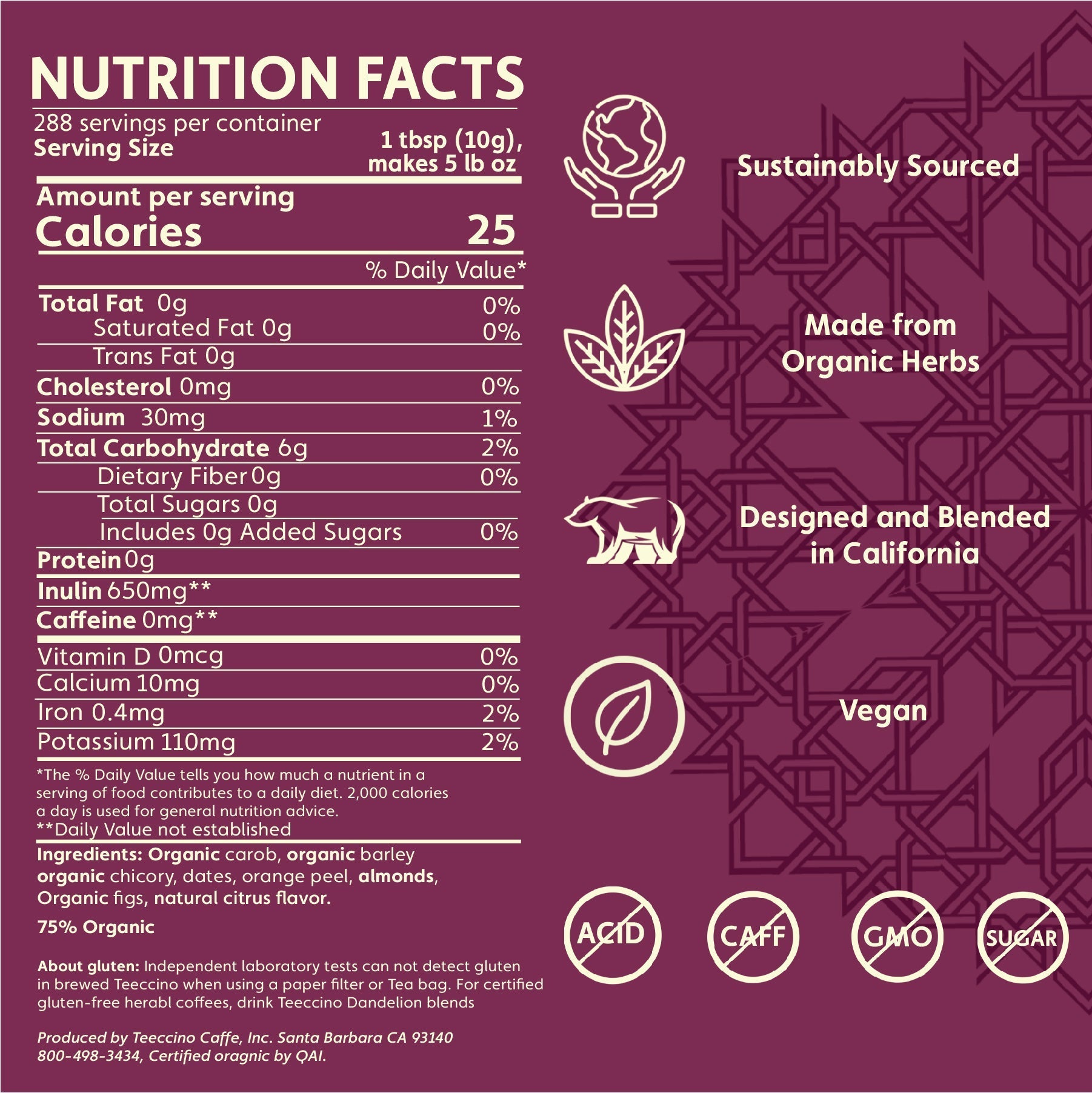 Teeccino Blood Orange Chicory Herbal Coffee Teeccino