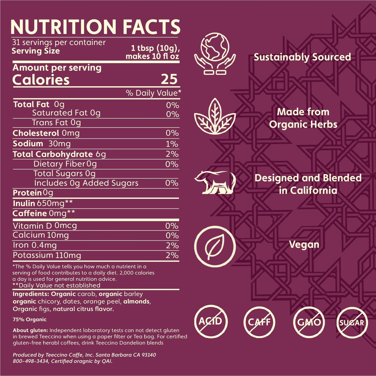 Teeccino Blood Orange Chicory Herbal Coffee Teeccino