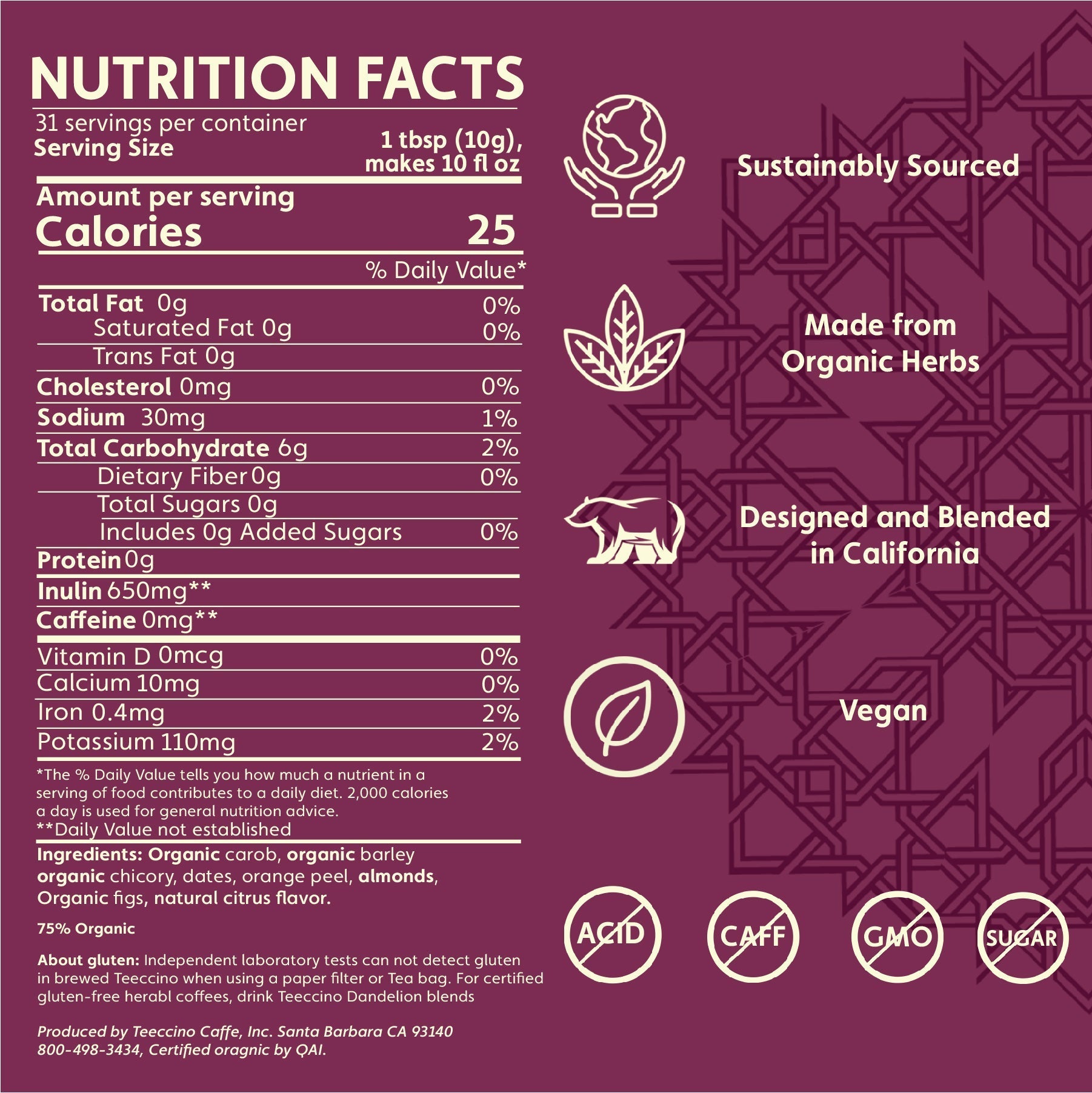 Teeccino Blood Orange Chicory Herbal Coffee Teeccino