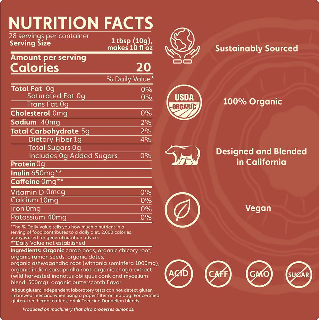 Teeccino Chaga Ashwagandha Butterscotch Cream Mushroom Herbal Coffee