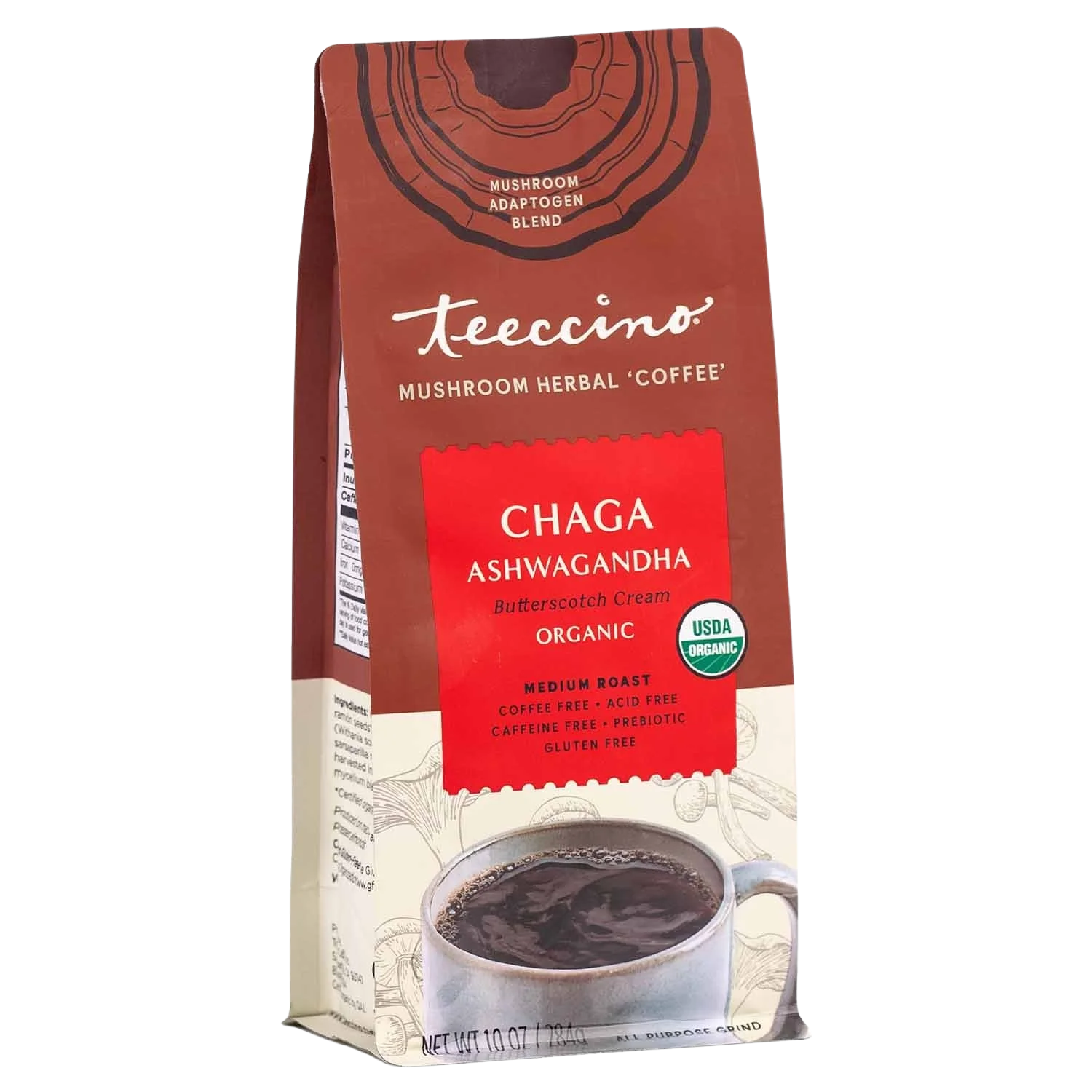 Teeccino Chaga Ashwagandha Butterscotch Cream Mushroom Herbal Coffee