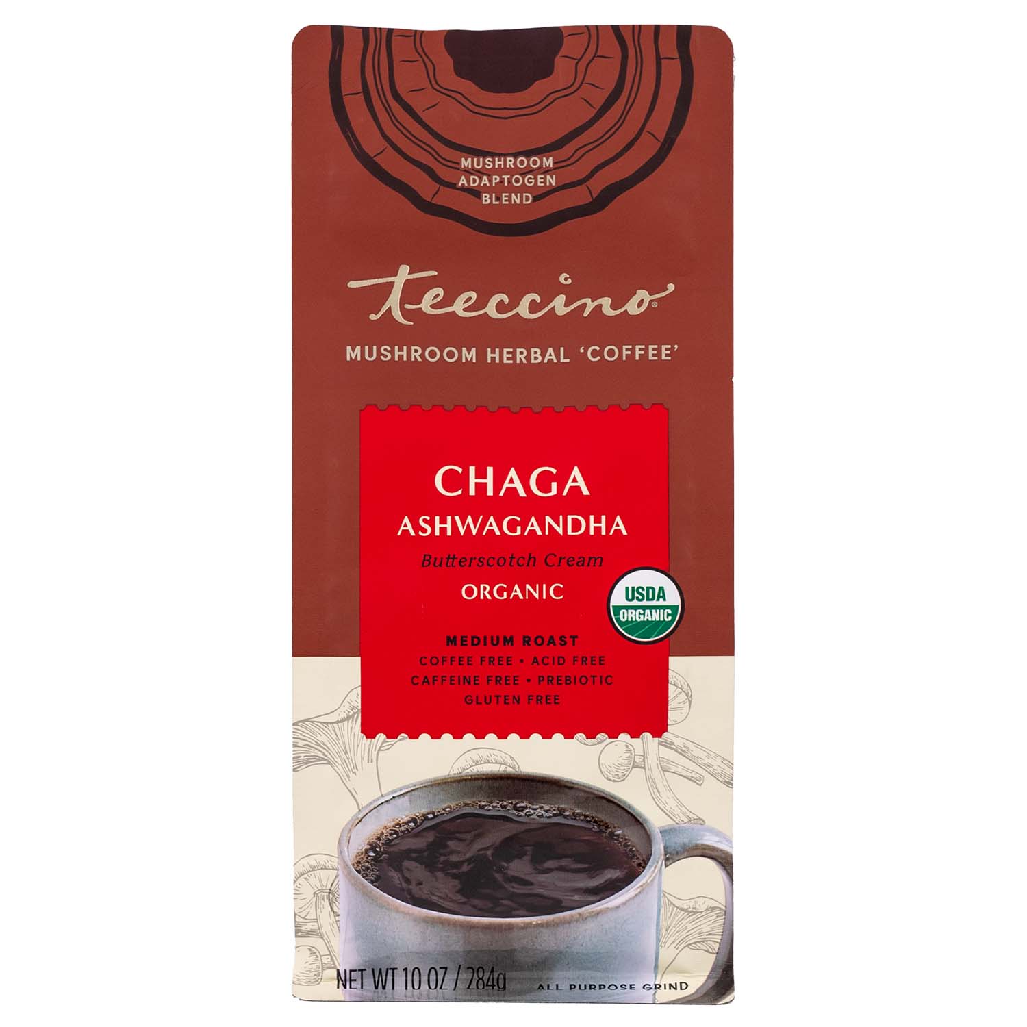 Teeccino Chaga Ashwagandha Butterscotch Cream Mushroom Herbal Coffee