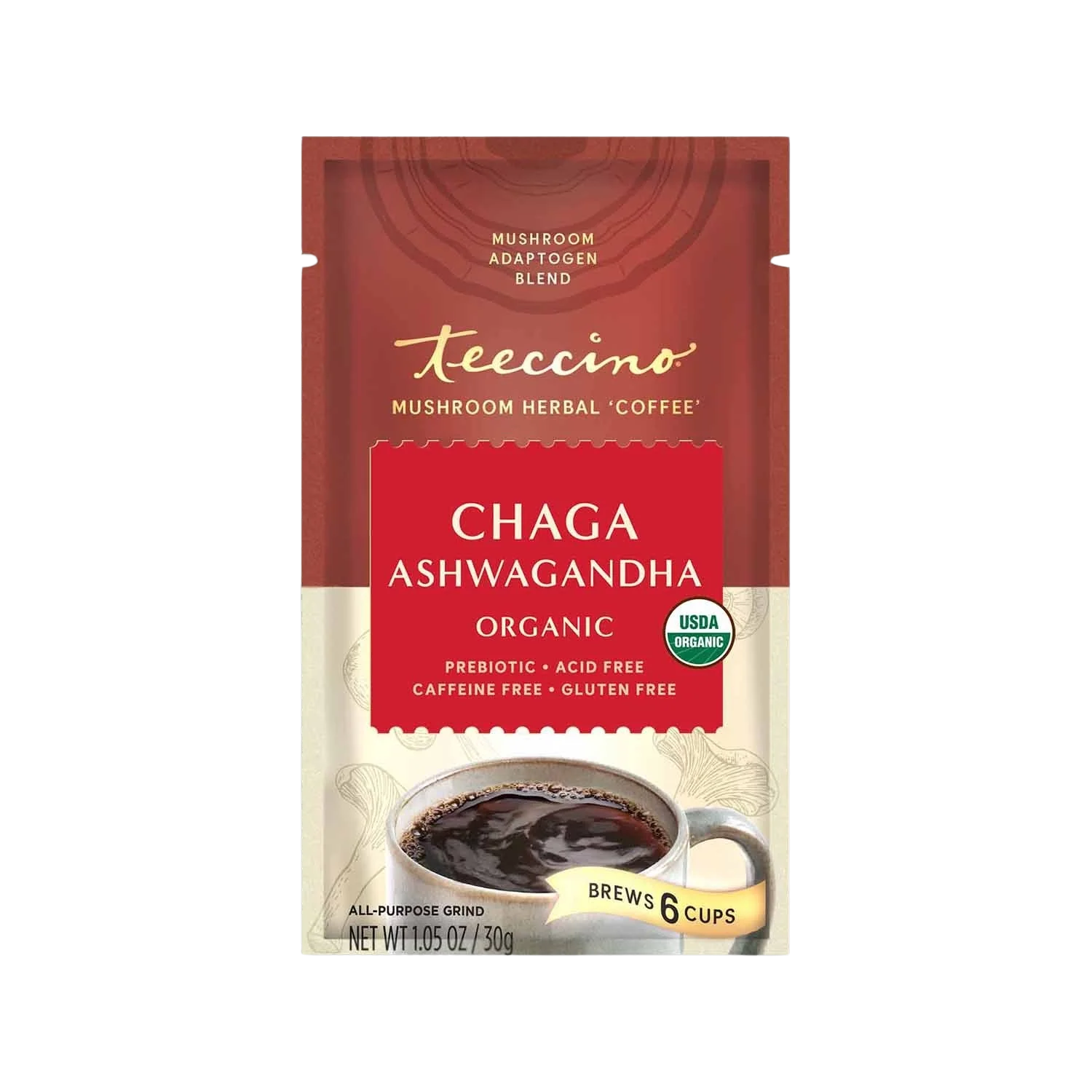 Teeccino Chaga Ashwagandha Butterscotch Cream Mushroom Herbal Coffee