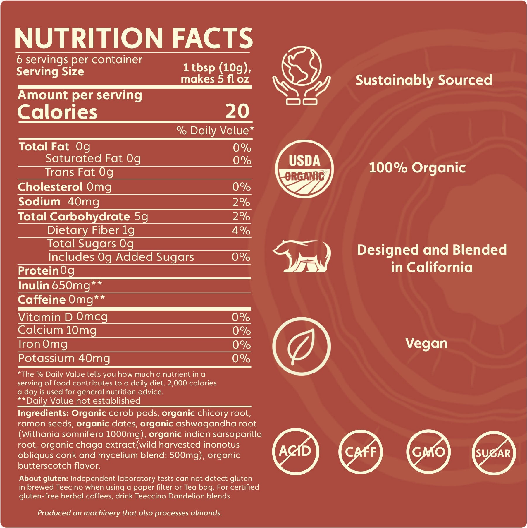 Teeccino Chaga Ashwagandha Butterscotch Cream Mushroom Herbal Coffee