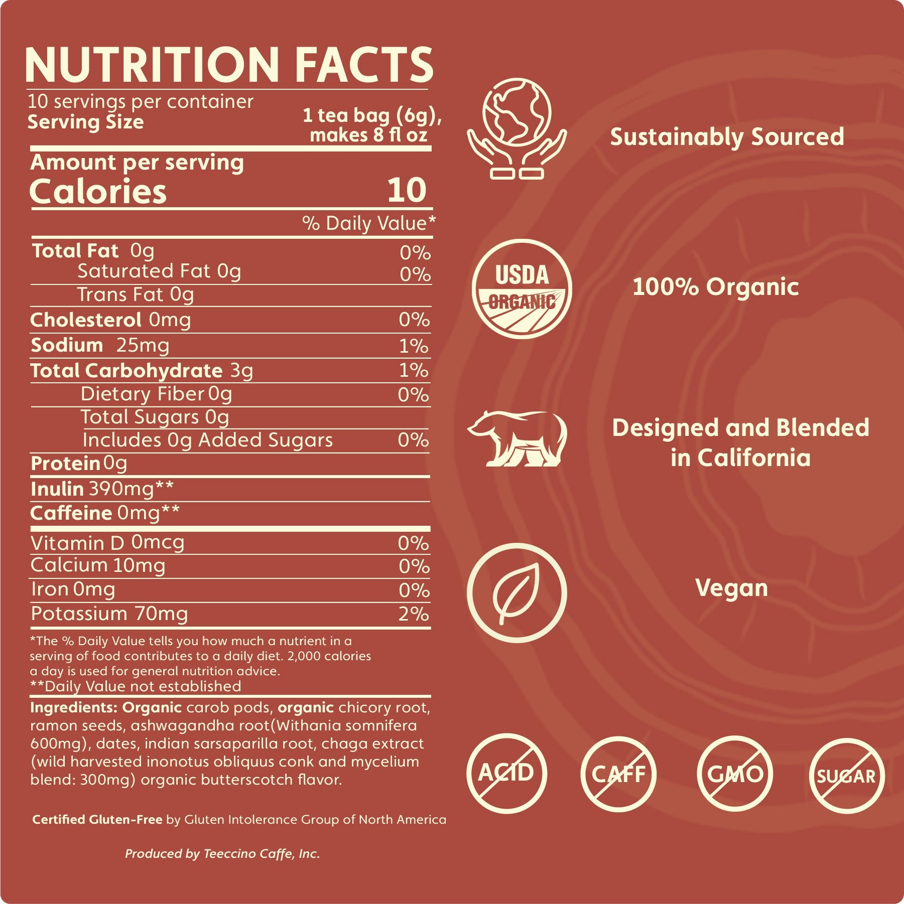 Teeccino Chaga Ashwagandha Butterscotch Cream Mushroom Herbal Tea