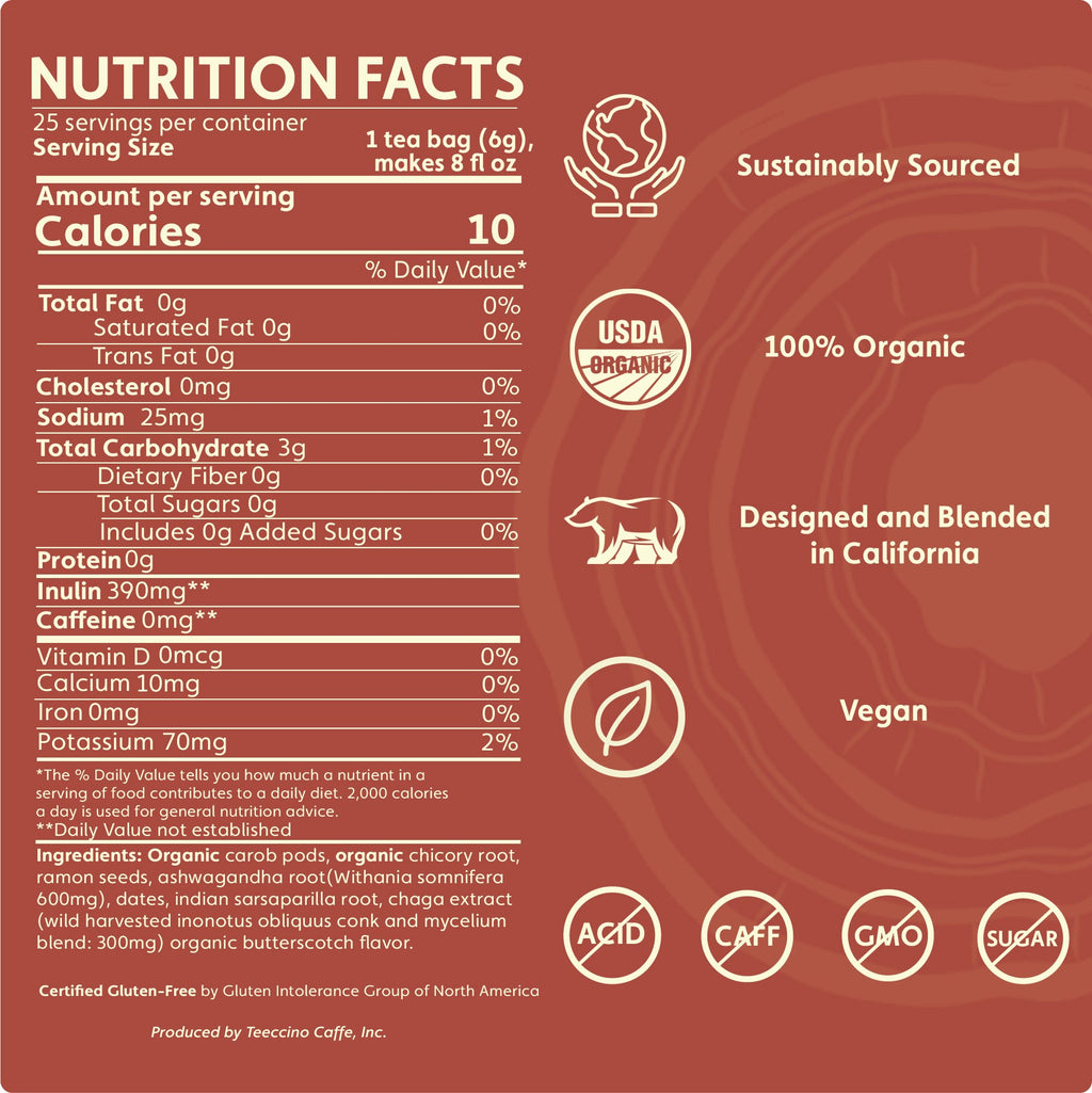 Teeccino Chaga Ashwagandha Butterscotch Cream Mushroom Herbal Tea