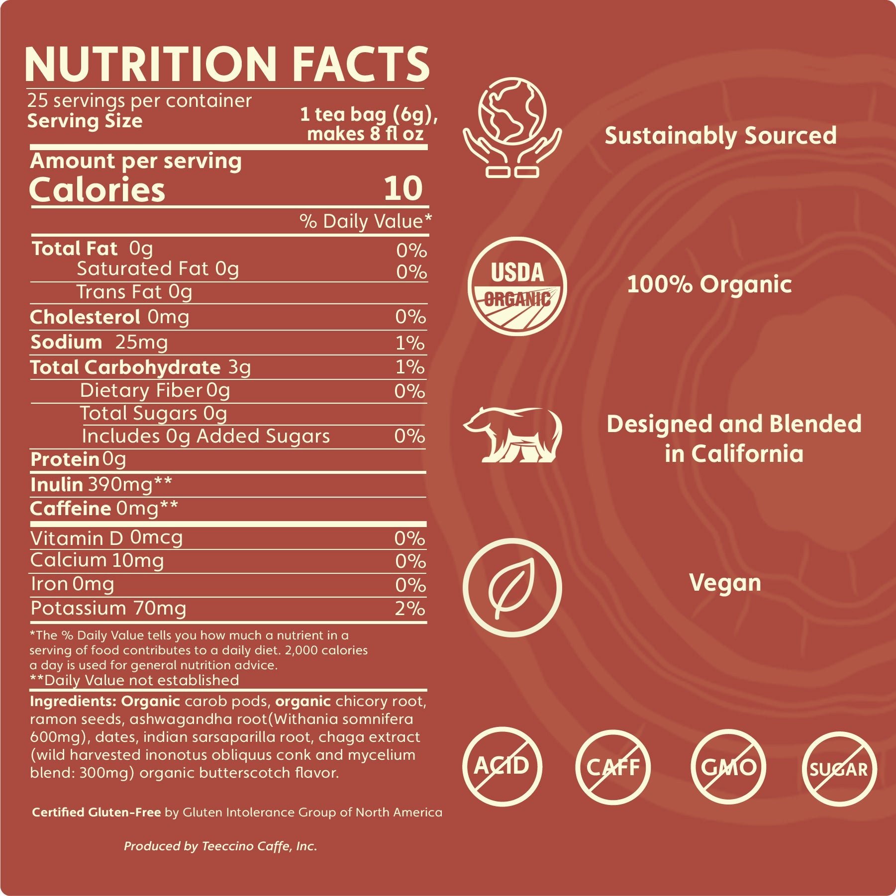 Teeccino Chaga Ashwagandha Butterscotch Cream Mushroom Herbal Tea