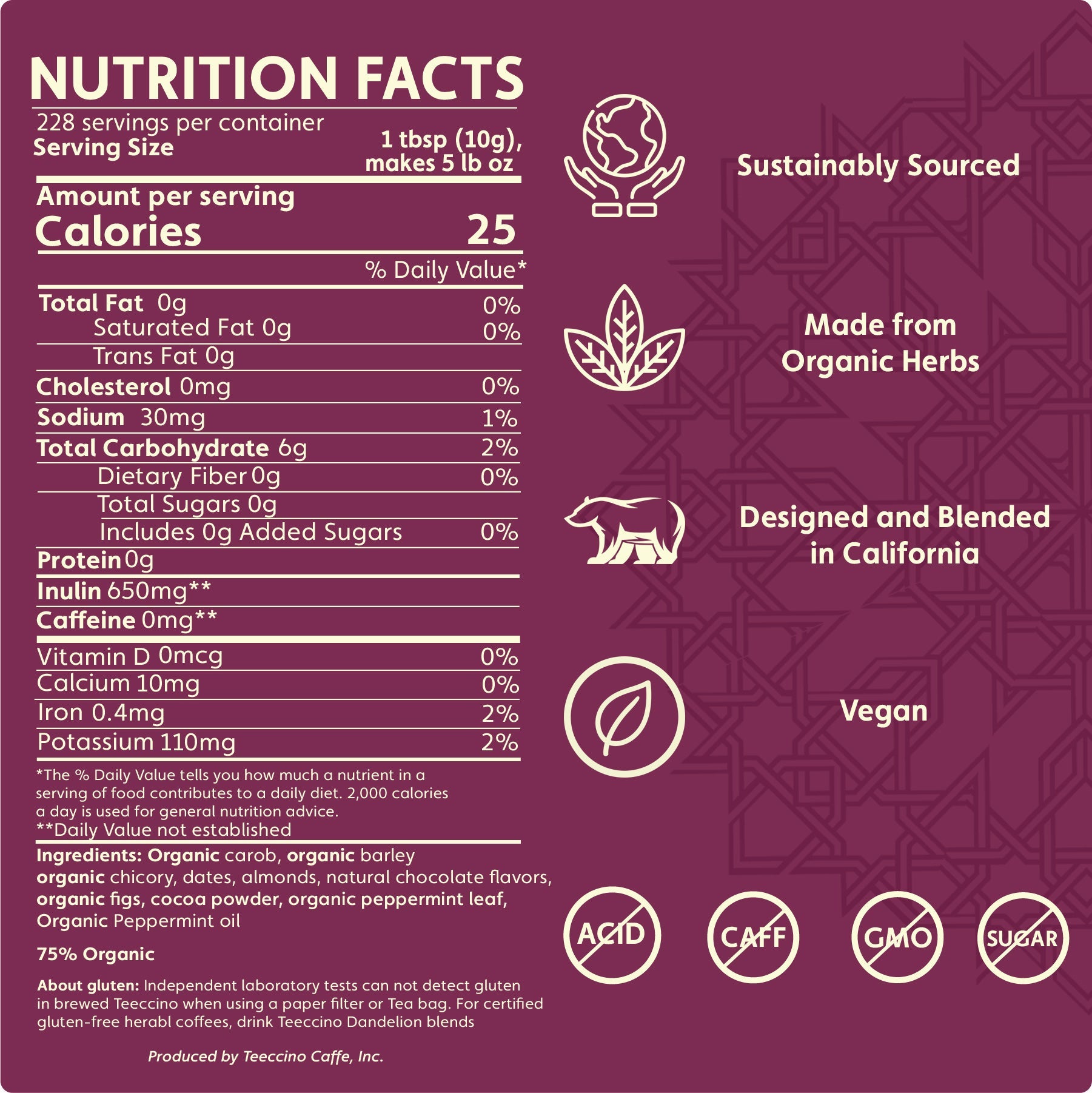 Teeccino Chocolate Peppermint Chicory Herbal Coffee