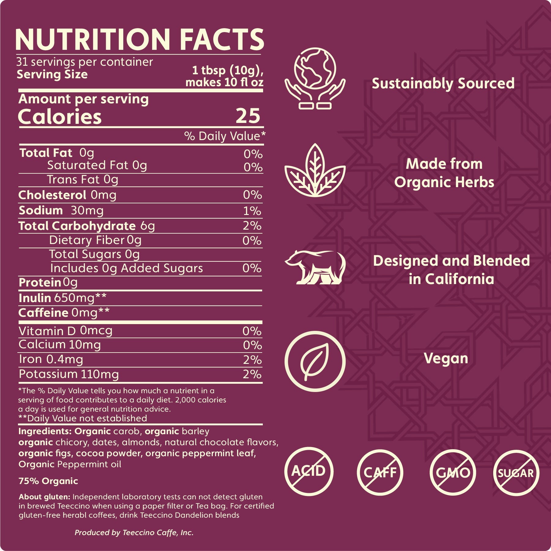 Teeccino Chocolate Peppermint Chicory Herbal Coffee