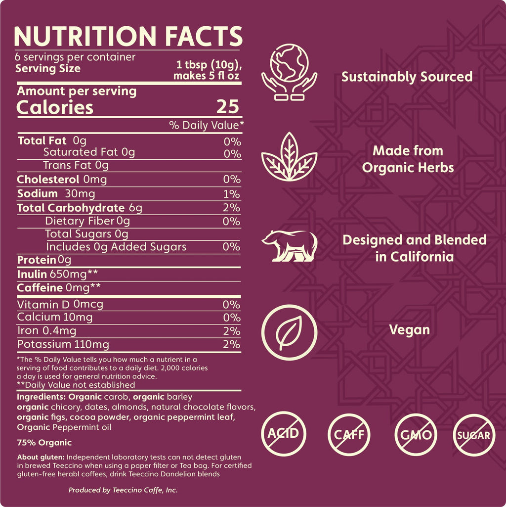 Teeccino Chocolate Peppermint Chicory Herbal Coffee