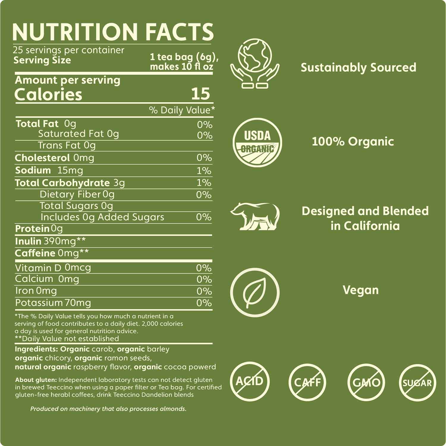 Teeccino Chocolate Raspberry Roasted Herbal Tea