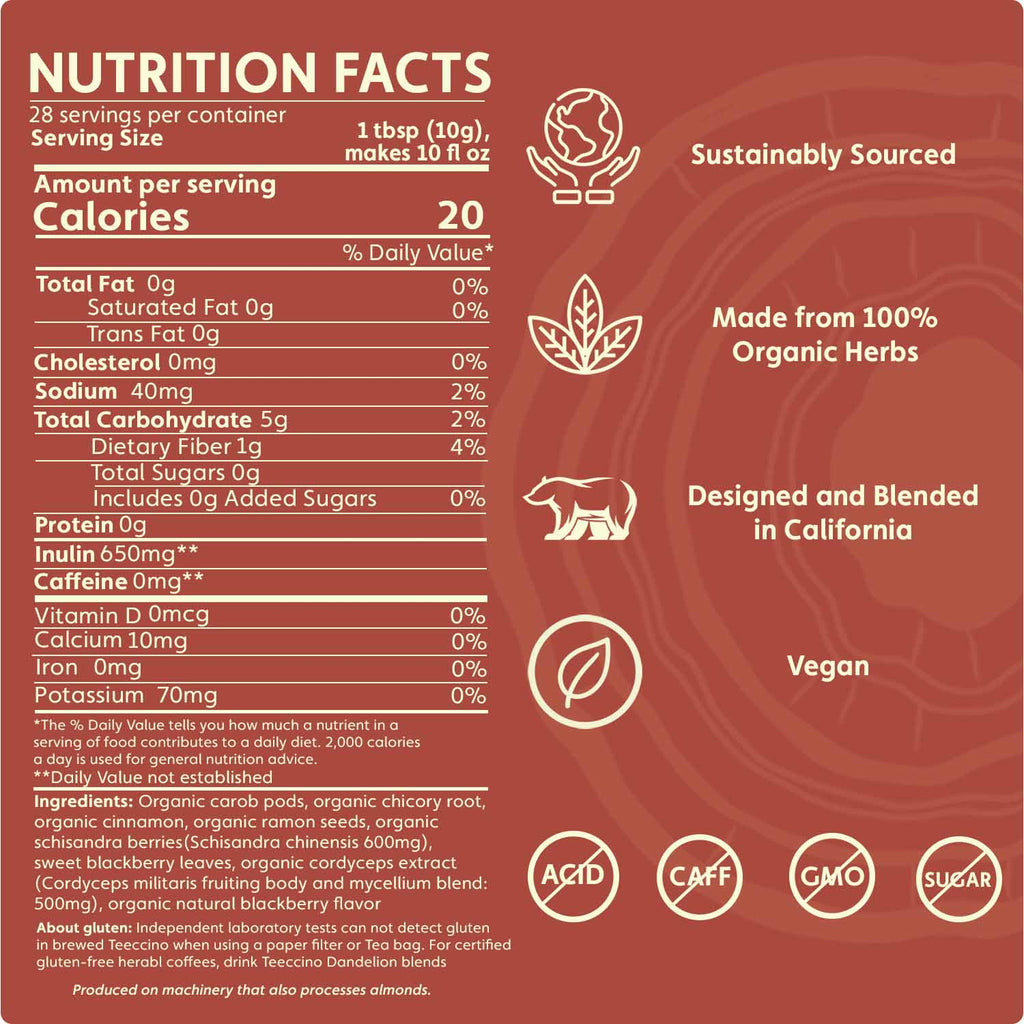 Teeccino Cordyceps Schisandra Cinnamon Berry Mushroom Herbal Coffee