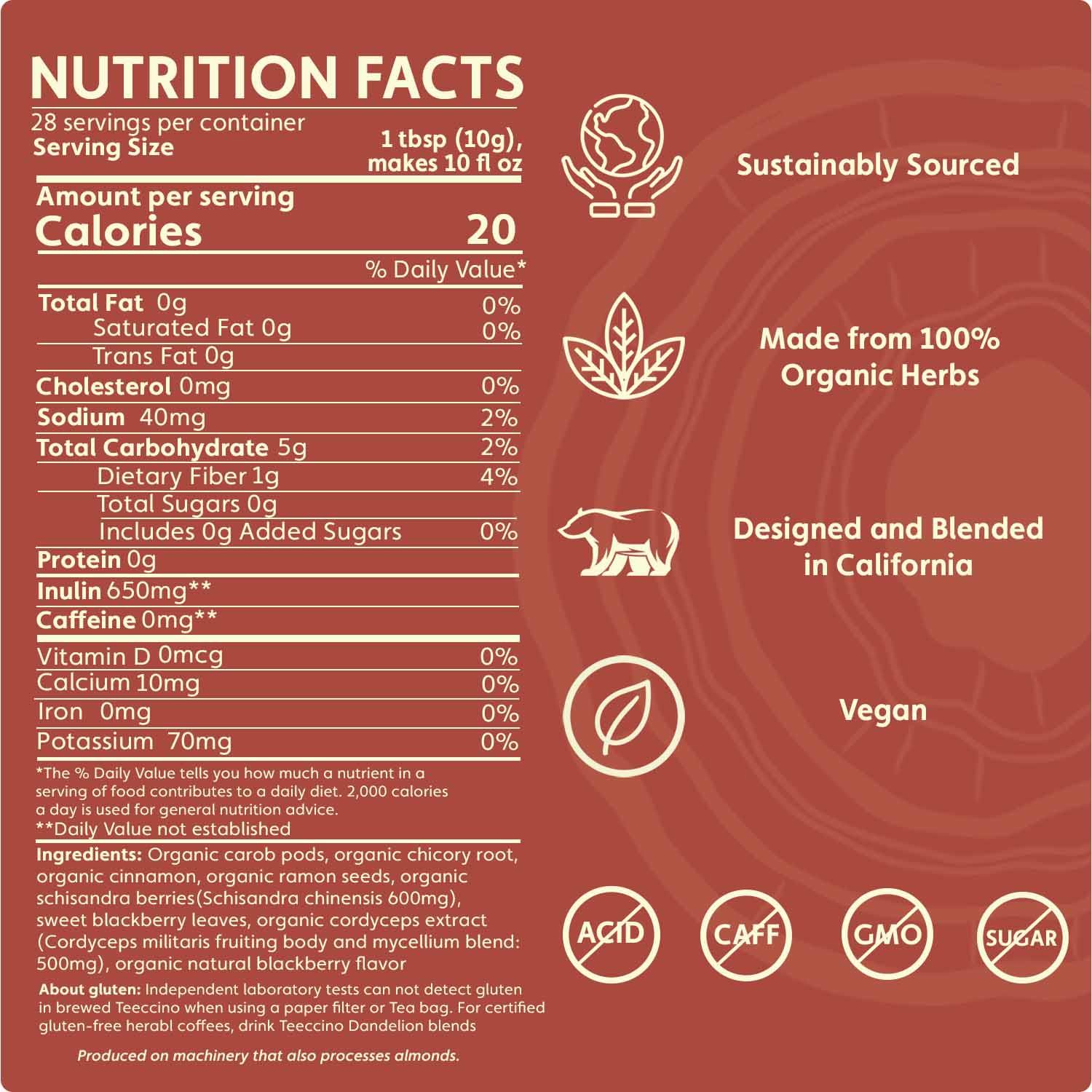 Teeccino Cordyceps Schisandra Cinnamon Berry Mushroom Herbal Coffee