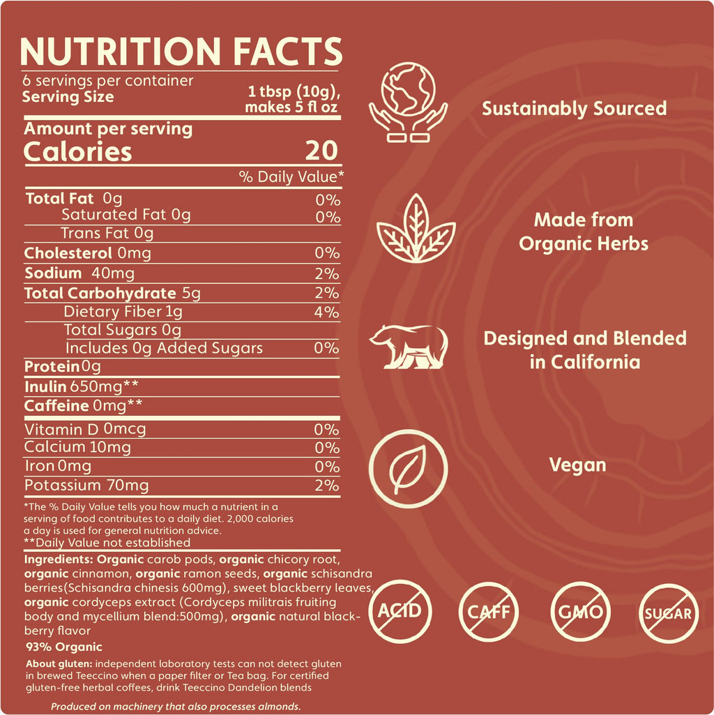 Teeccino Cordyceps Schisandra Cinnamon Berry Mushroom Herbal Coffee