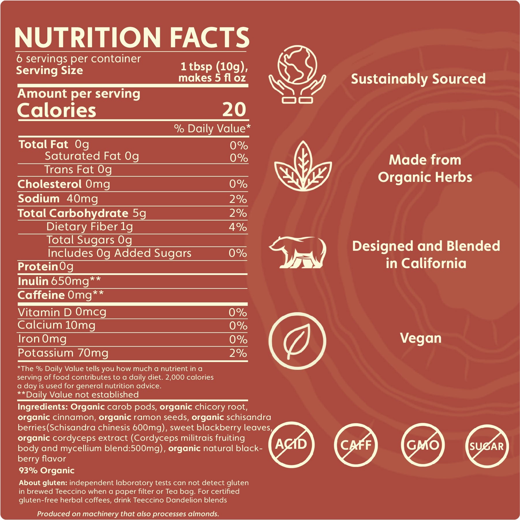 Teeccino Cordyceps Schisandra Cinnamon Berry Mushroom Herbal Coffee