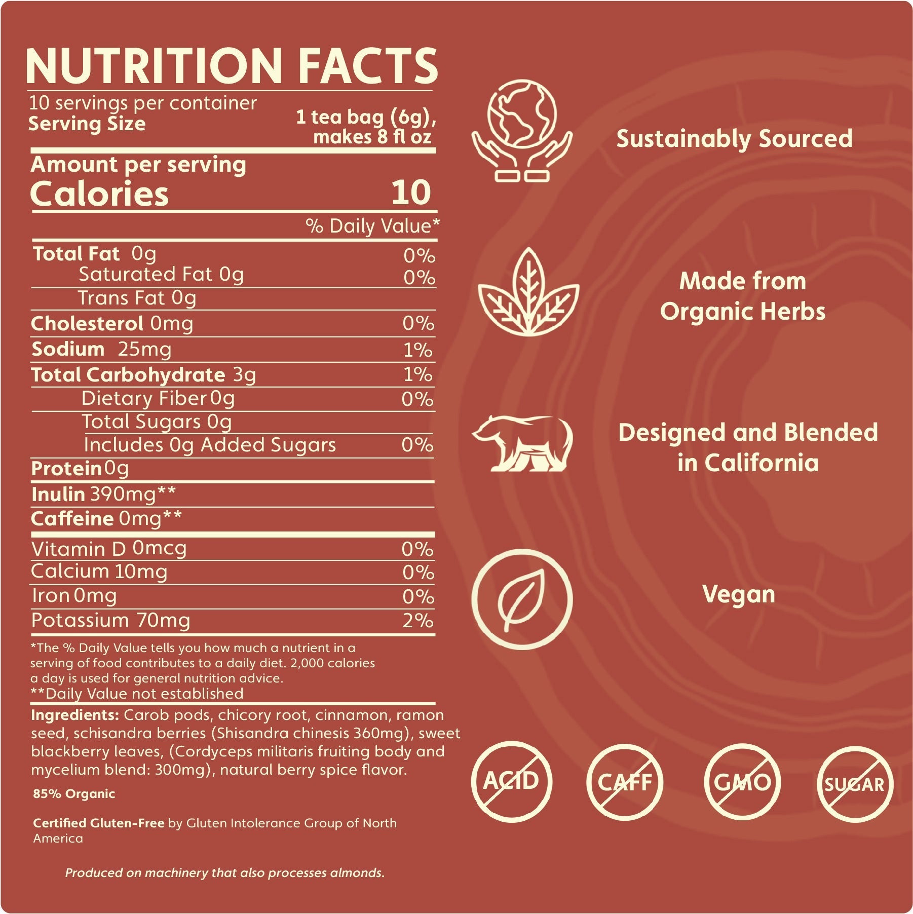 Teeccino Cordyceps Schisandra Cinnamon Berry Mushroom Herbal Tea Teeccino