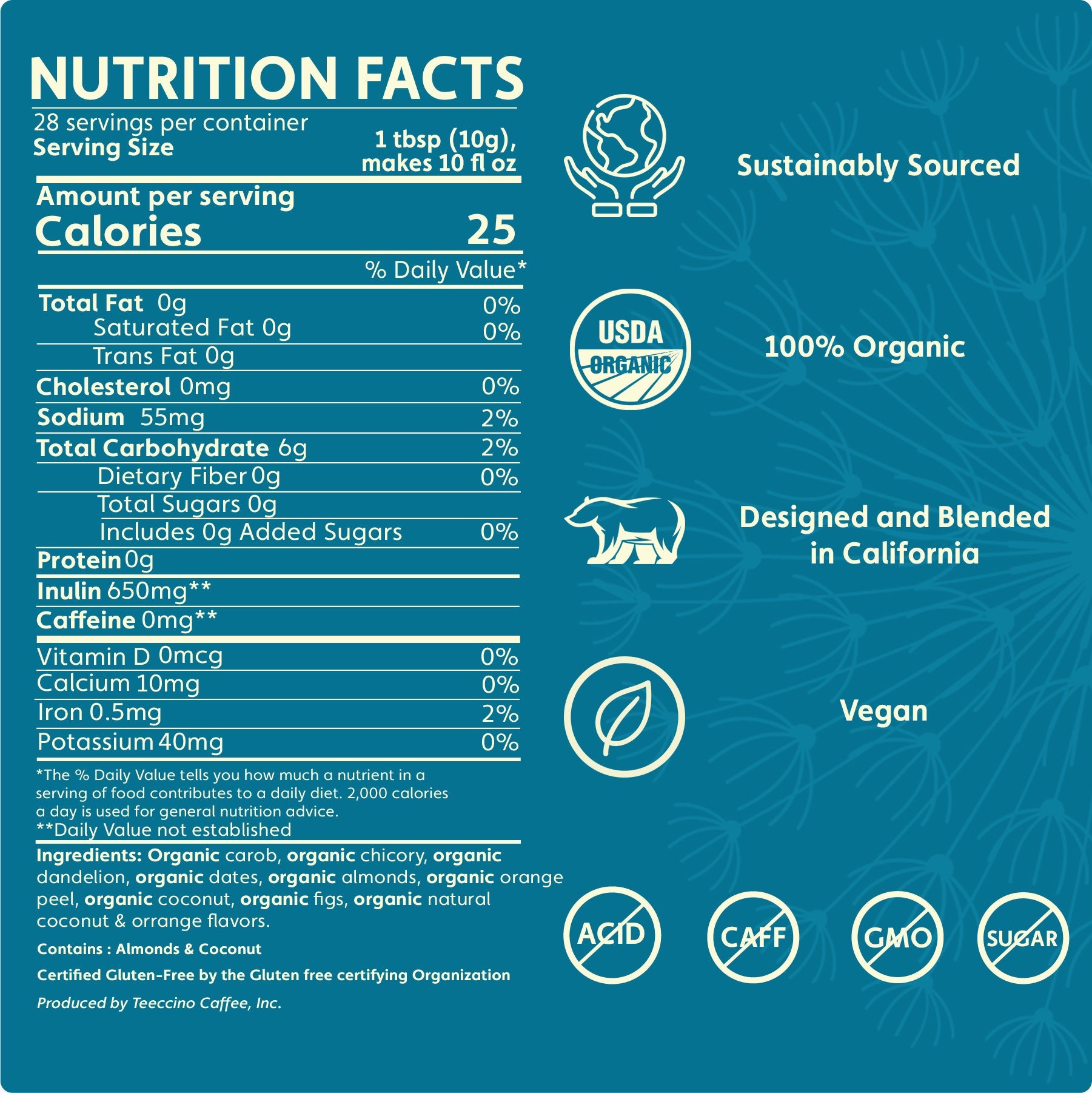 Teeccino Dandelion Coconut Herbal Coffee