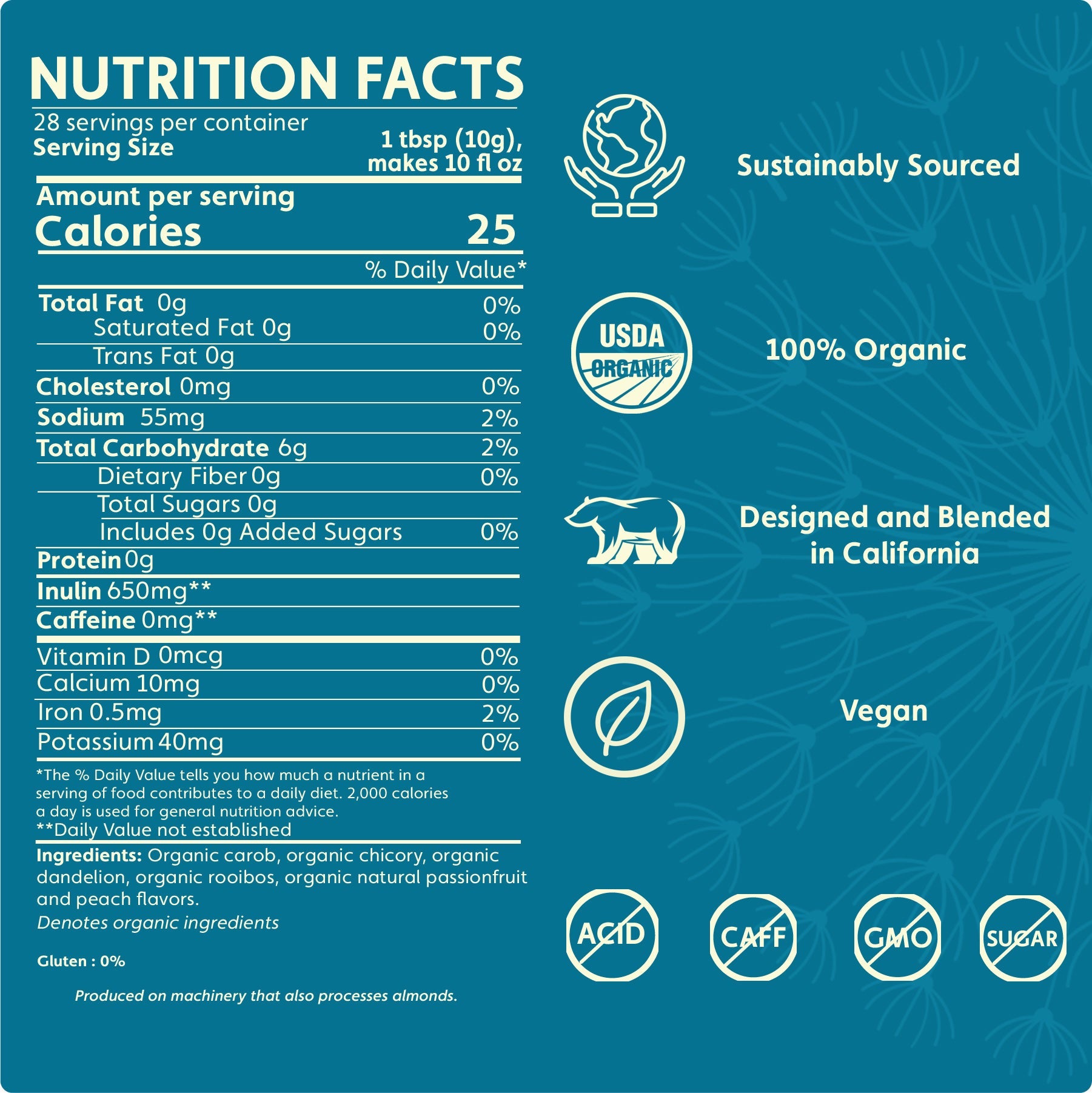 Teeccino Dandelion Passionfruit Peach Herbal Coffee