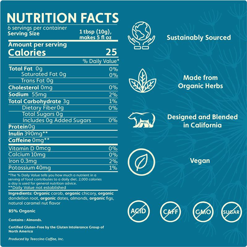 Teeccino Dandelion Caramel Nut Chicory Herbal Coffee