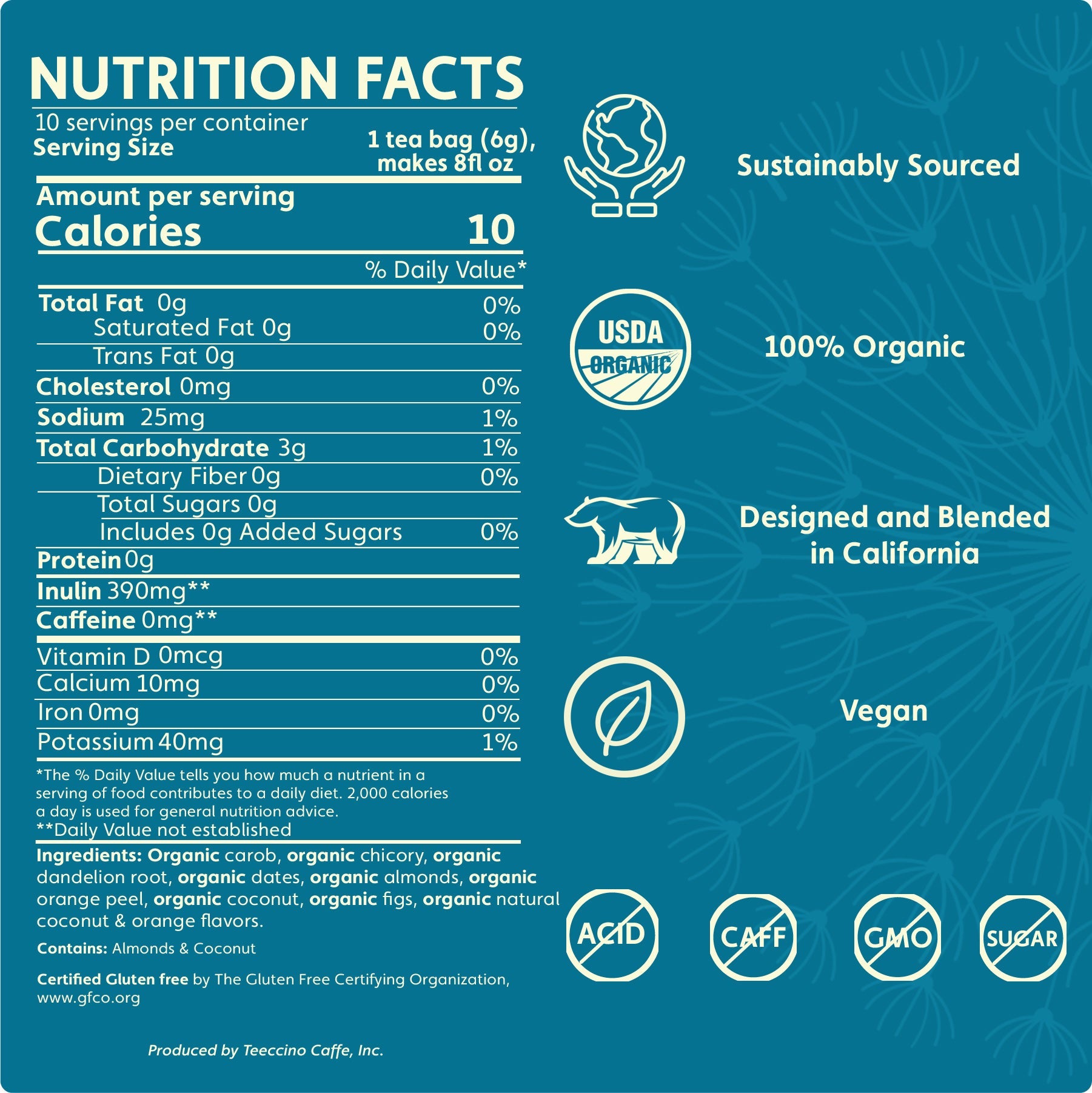 Teeccino Dandelion Coconut Roasted Herbal Tea