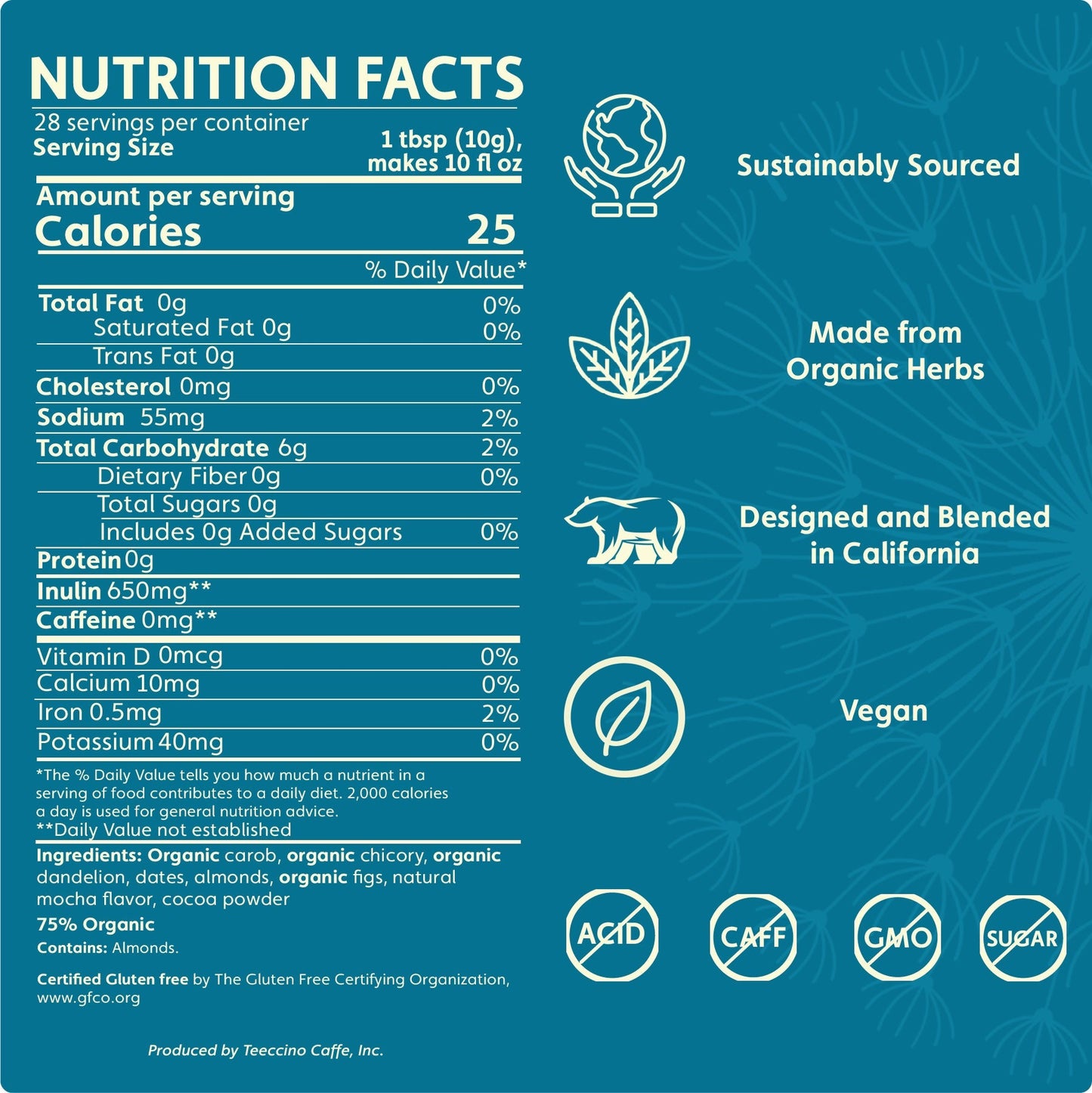 Teeccino Dandelion Mocha Herbal Coffee Teeccino