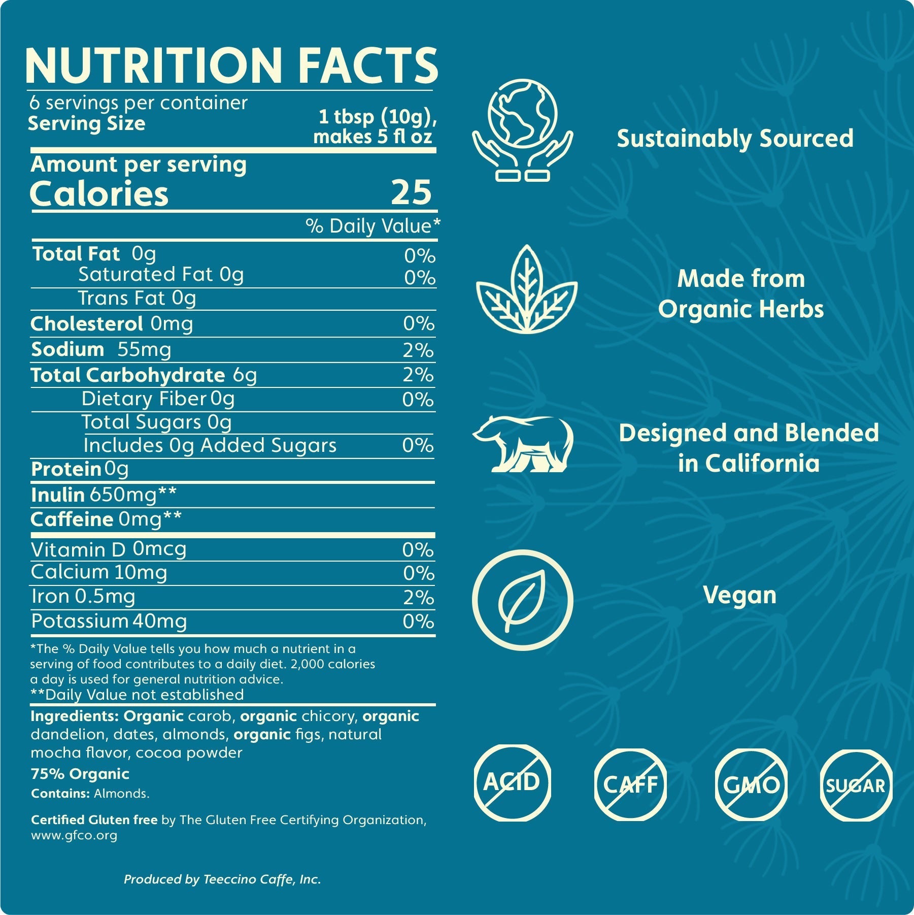 Teeccino Dandelion Mocha Herbal Coffee Teeccino