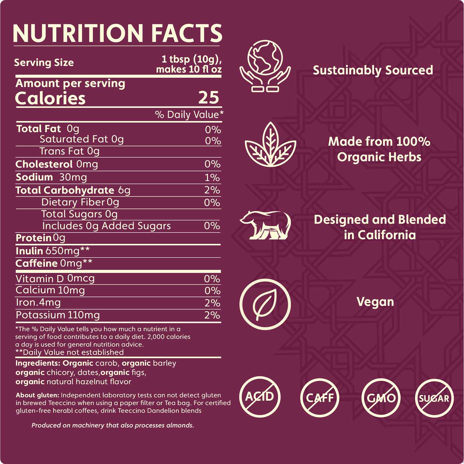 Teeccino Hazelnut Chicory Herbal Coffee