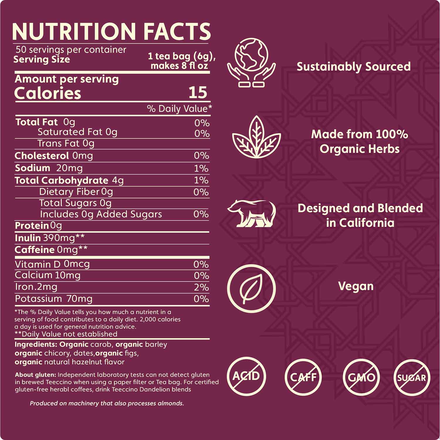 Teeccino Hazelnut Roasted Herbal Tea Teeccino