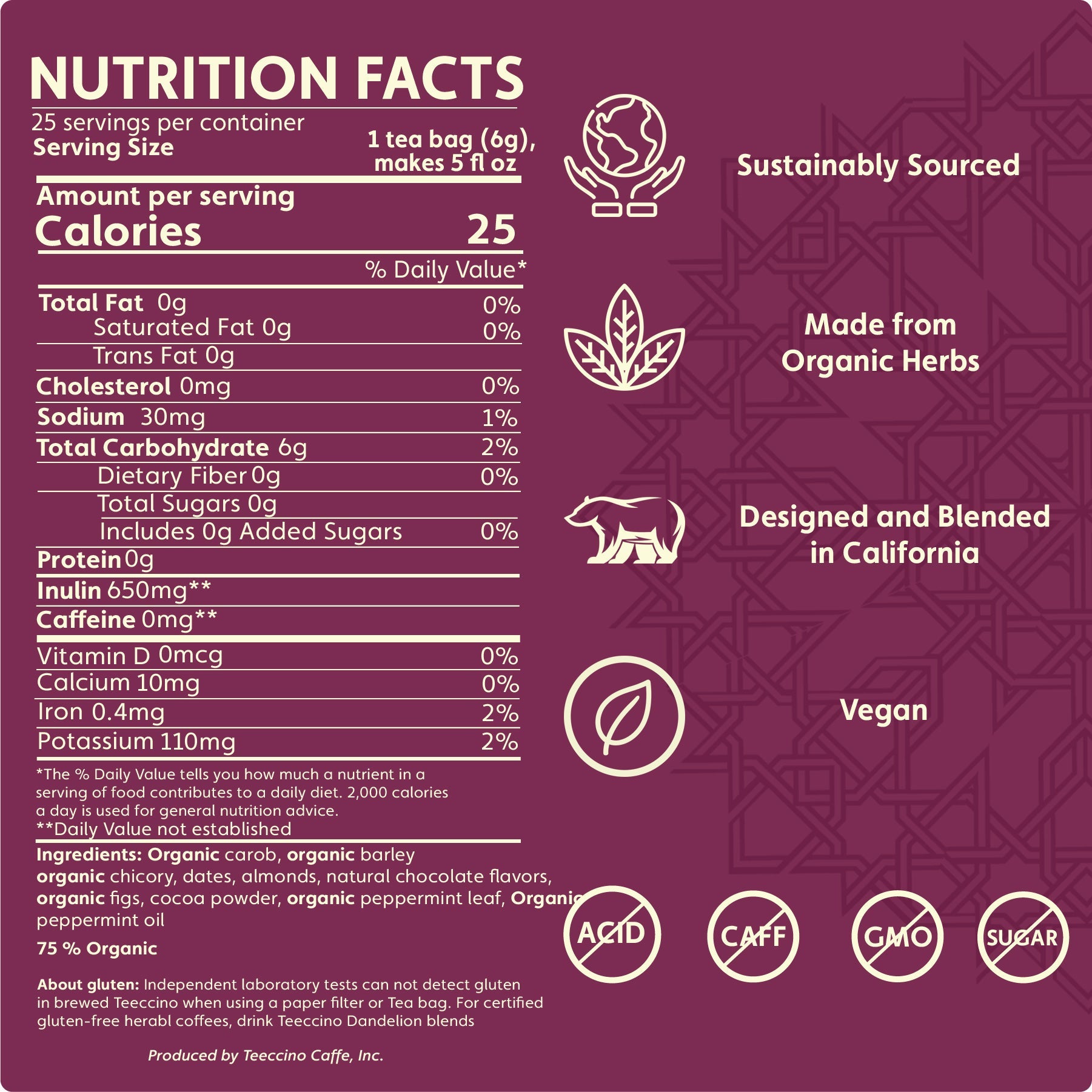 Teeccino Chocolate Peppermint Roasted Herbal Tea